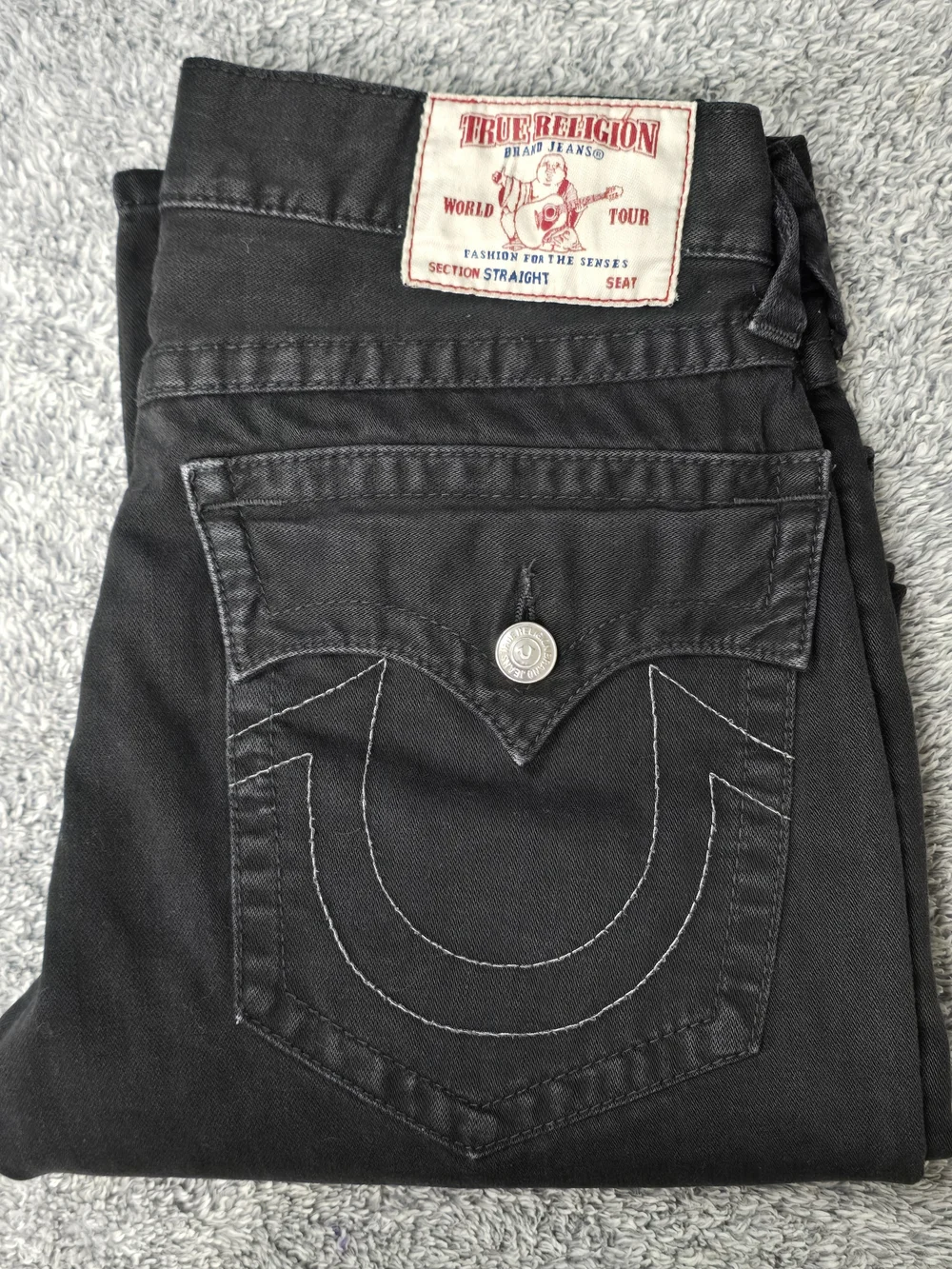 True Religion Black Geno Slim Straight Jeans Flap Pocket Horseshoe 33